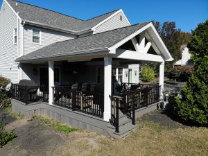 A-frame roof with open gable, prefinished wood ceiling and infrared heaters