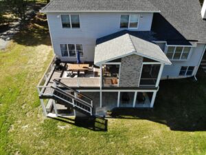 A-frame roof with gas fireplace, screens installed, under deck system installed to keep patio area dry – Media PA