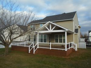 Azek Mahogany deck and skirting, A-frame roof with open gable – Downingtown PA