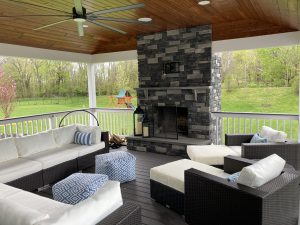 A-frame roof with stone fireplace, and pre-stained wood ceiling – Chalfont PA